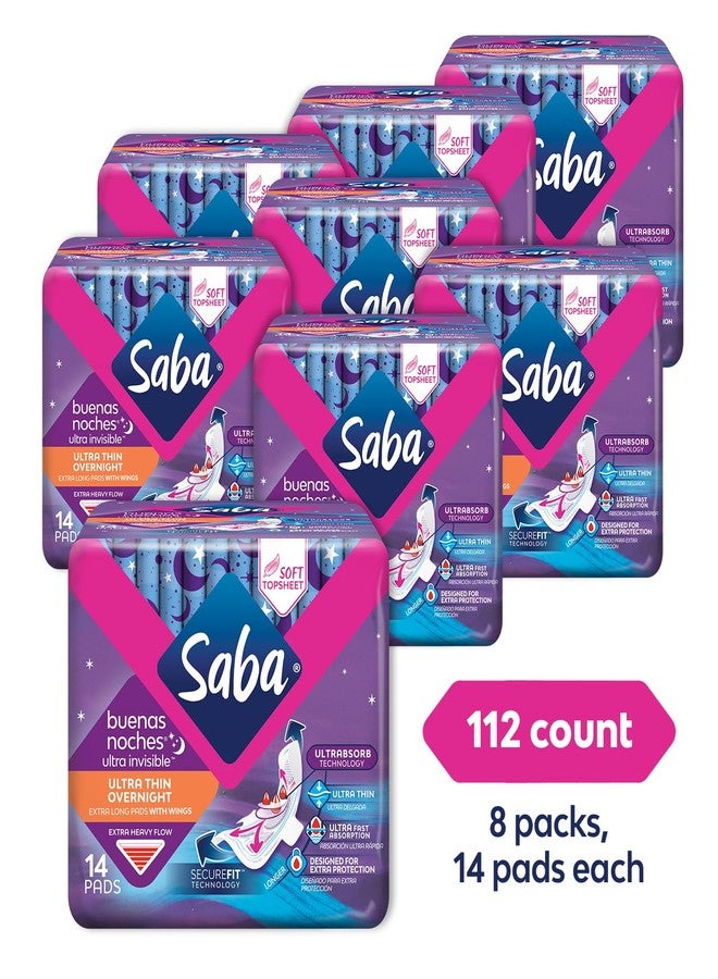Saba Kombucha Saba Ultra Invisible Ultra Thin Overnight Pads with Wings, 112 Count (8 packs of 14) - Image 2